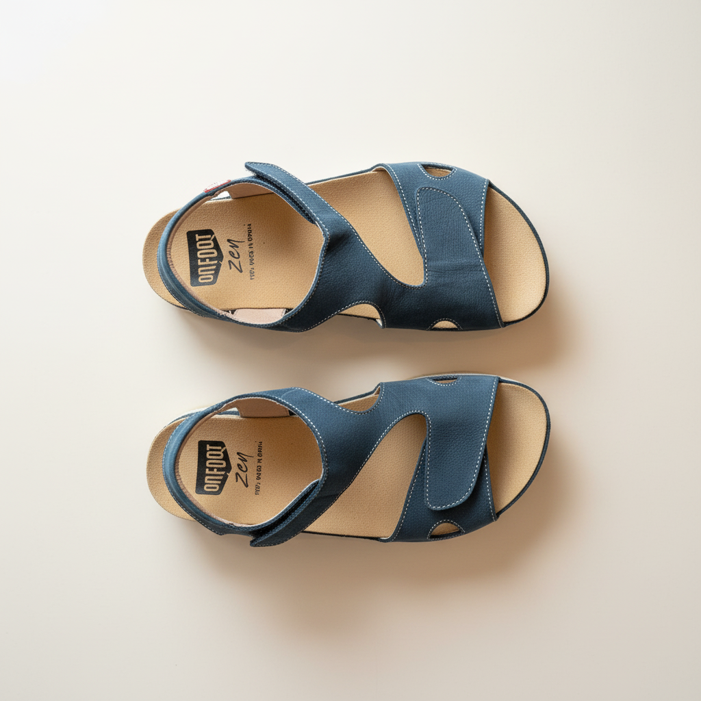 Pair of blue sandals on a beige background