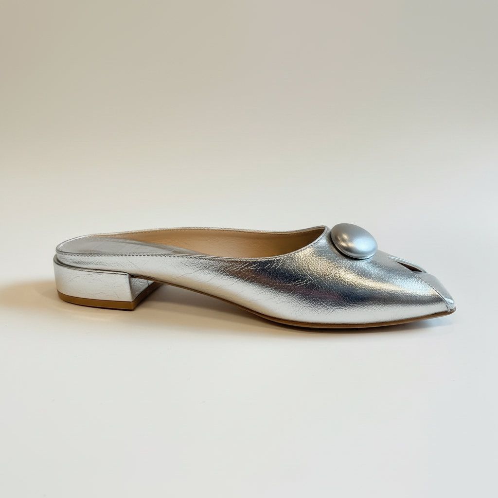 Silver metallic shoe on a light beige background