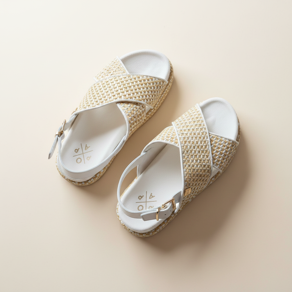 A pair of women's espadrille-style sandals with woven beige and white straps, white footbeds, and small gold buckle details, photographed on a light beige background.