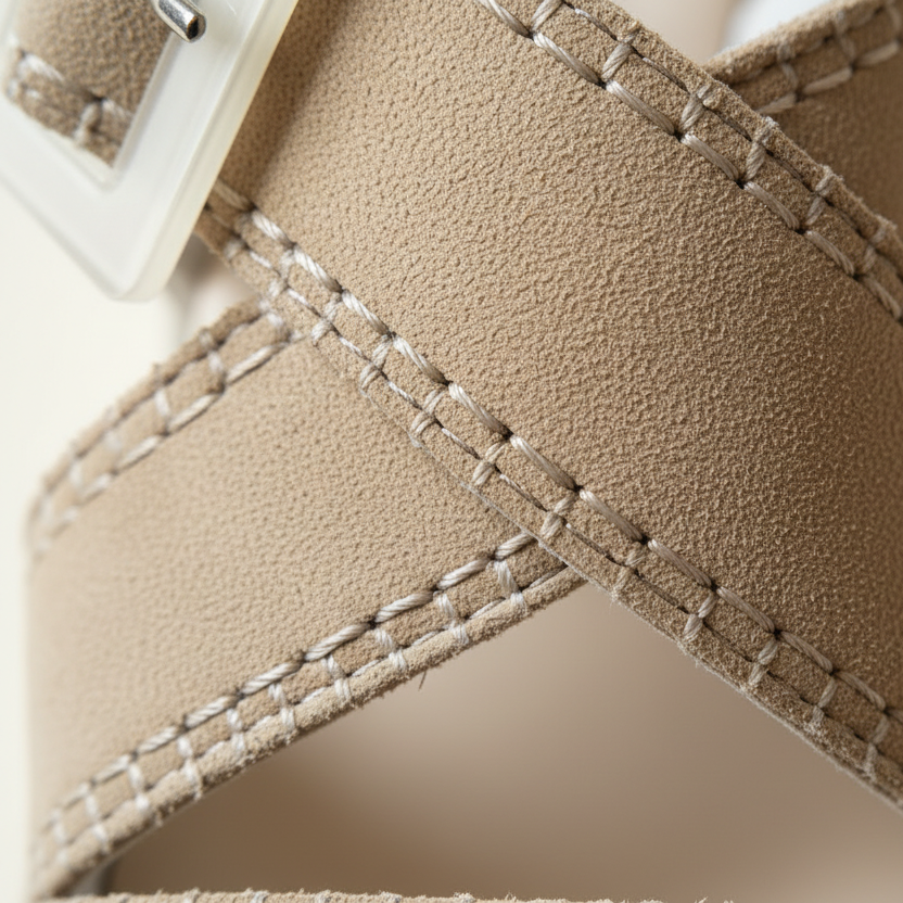 Close-up of beige leather strap with white stitching on a blurred background