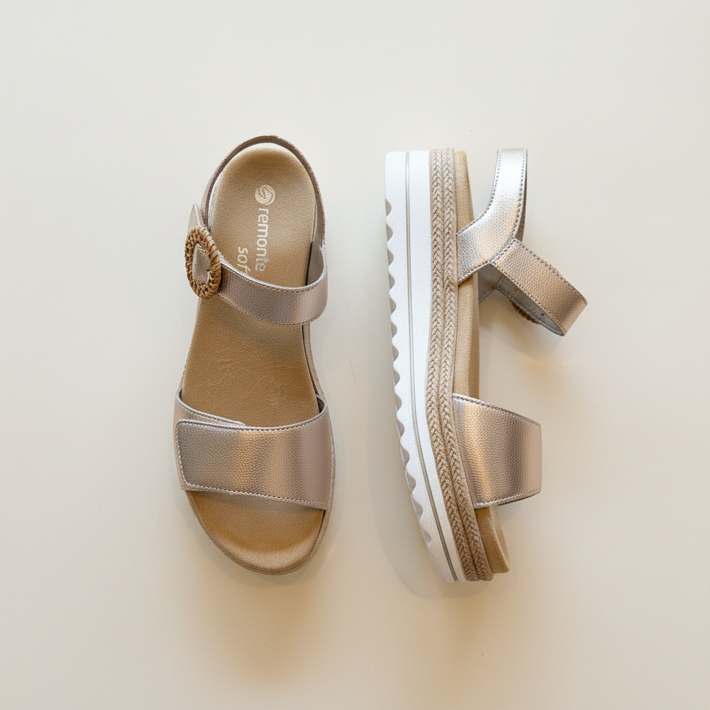 Pair of metallic sandals with a platform sole on a light background