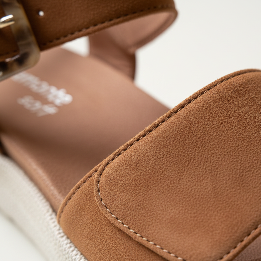 Close-up of a brown sandal with a buckle on a white background