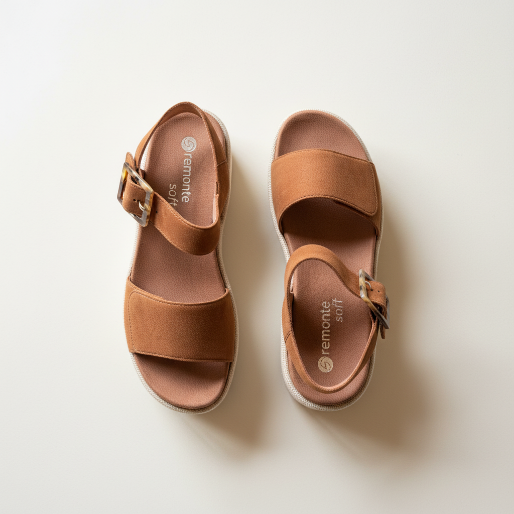 Pair of brown sandals with 'remonte' branding on a light background