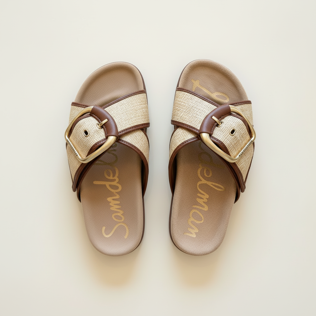 Pair of sandals with brown buckles on a light background