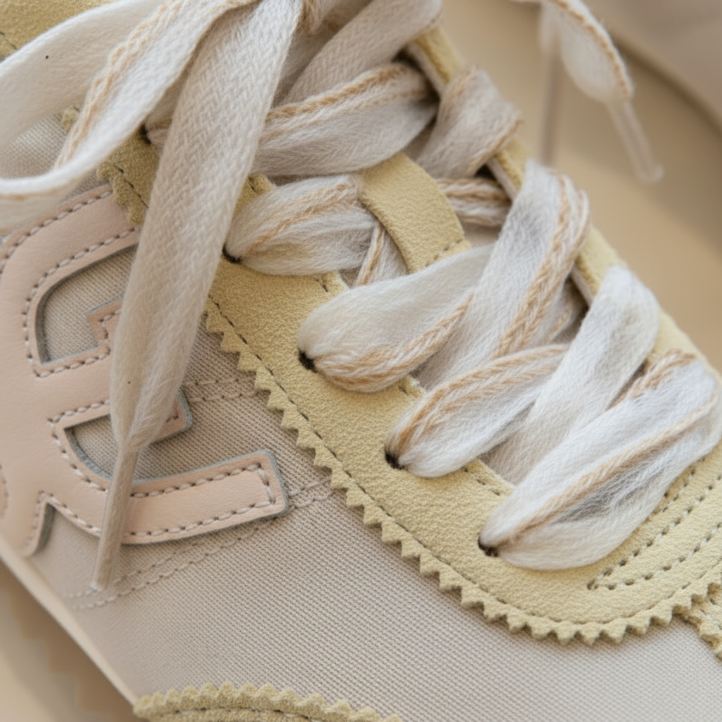 Close-up of beige sneaker with braided laces on a beige background