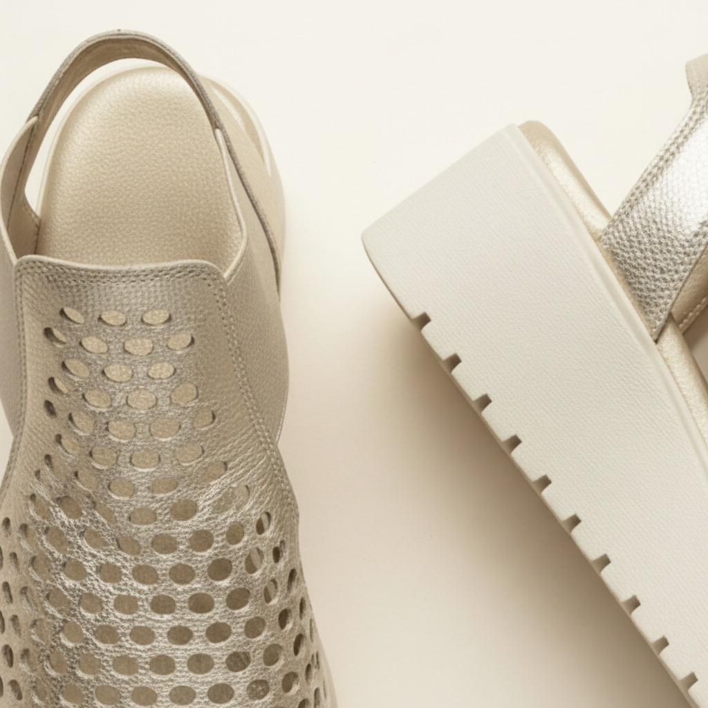 Beige perforated sneaker with white sole on a light beige background