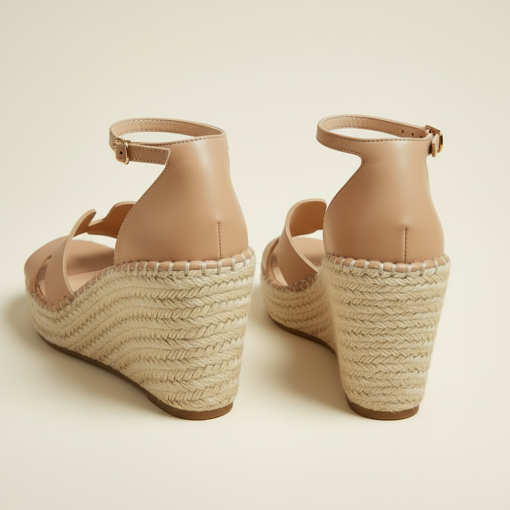 Pair of beige wedge sandals with espadrille soles on a light background