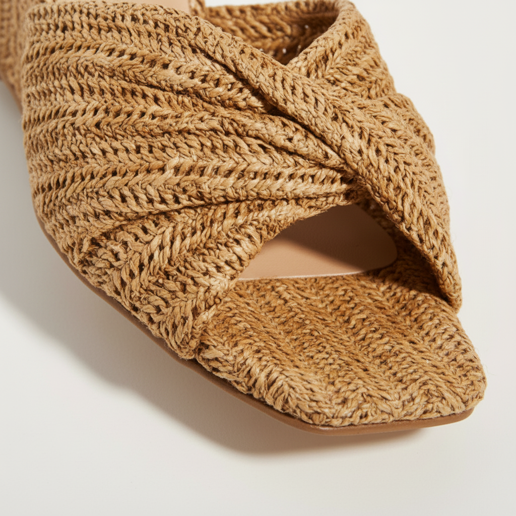 Brown woven open-toe shoe on a light background