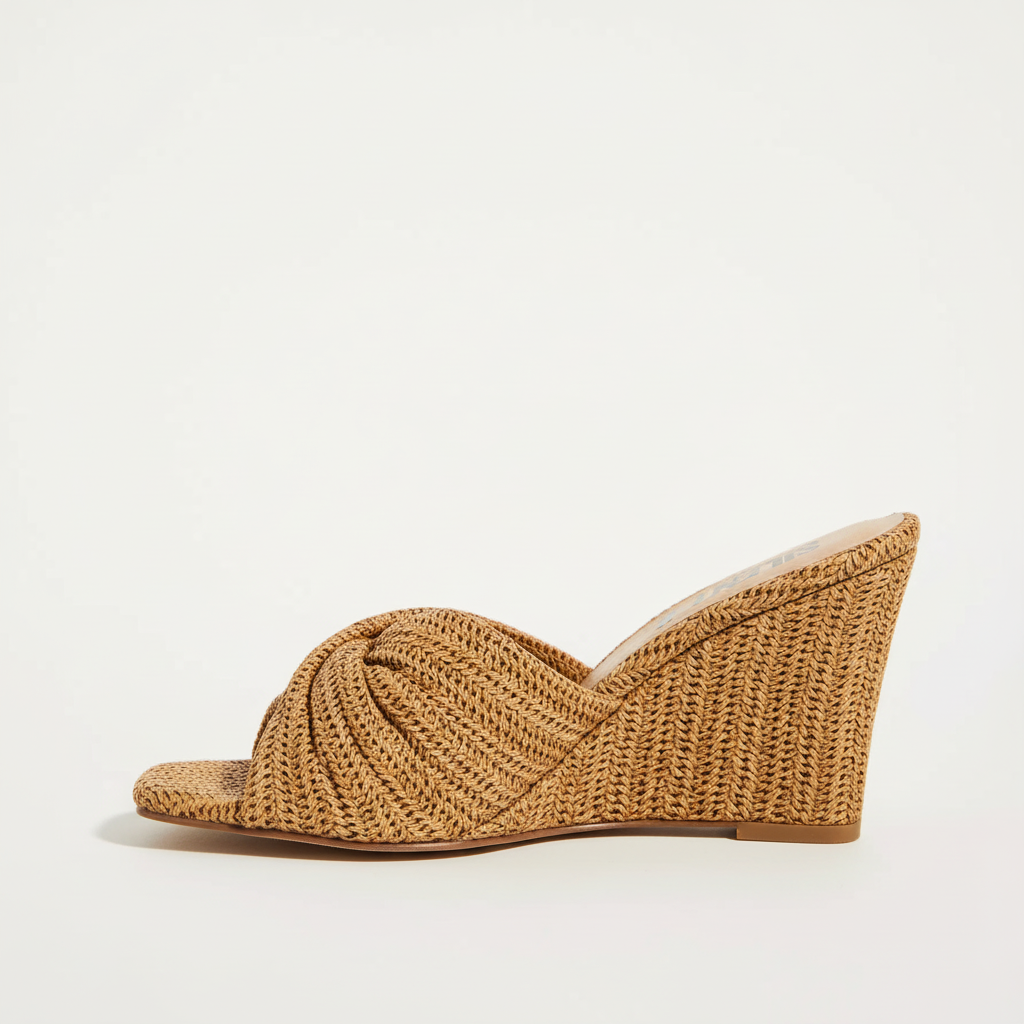 Brown woven wedge sandal on a light beige background