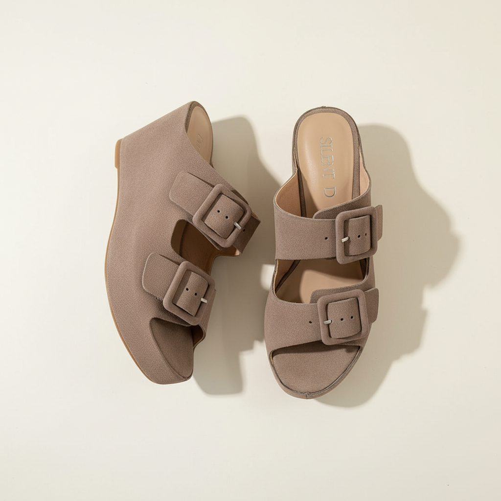 Pair of brown sandals with buckles on a light beige background