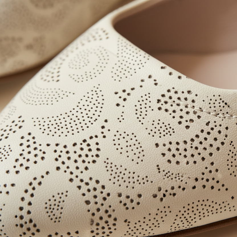 Close-up of a beige fabric with a subtle pattern on a brown background