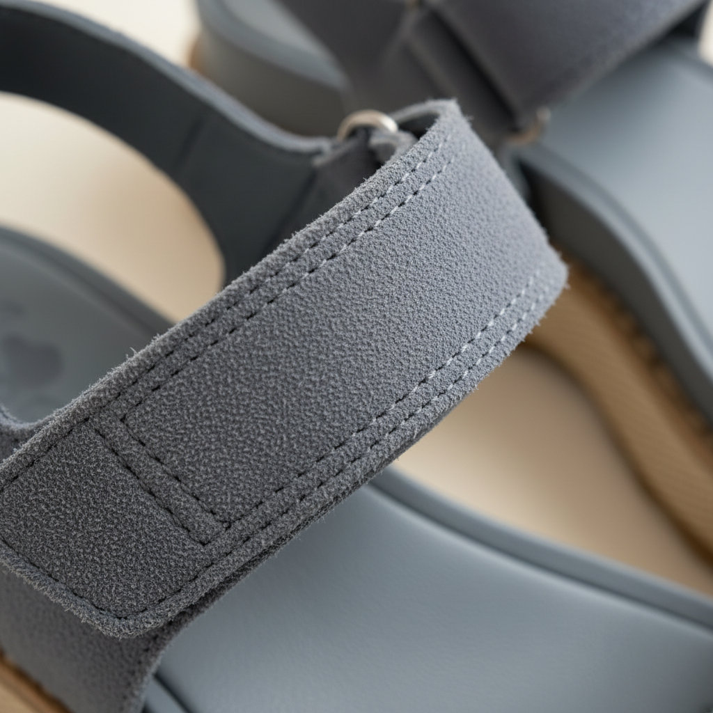 Close-up of a gray sandal strap with a blurred background