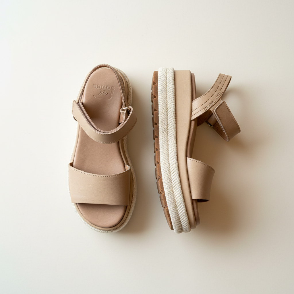 Pair of beige sandals on a light background