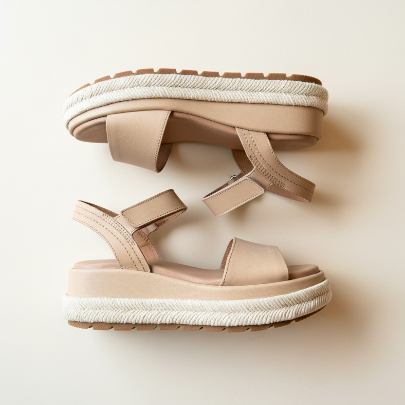 Beige sandals with white soles on a light beige background