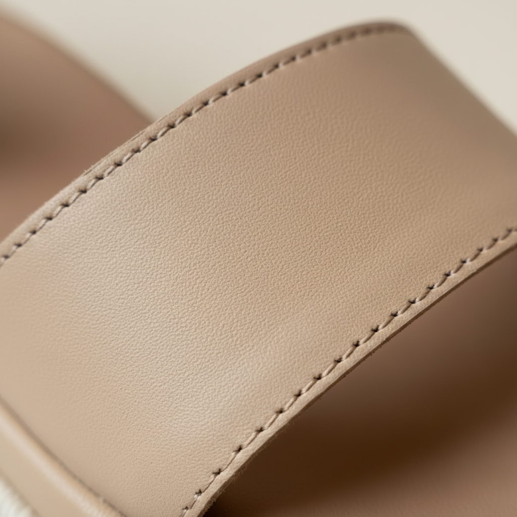 Close-up of beige leather slide sandal with a soft focus background