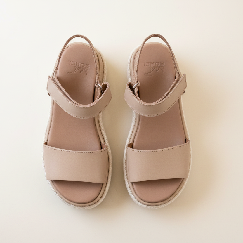 Pair of beige sandals on a light background
