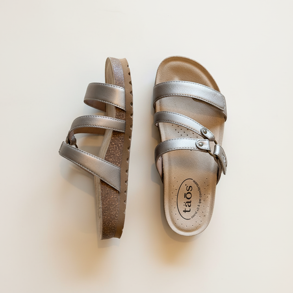Pair of silver sandals with 'taos' branding on a light background