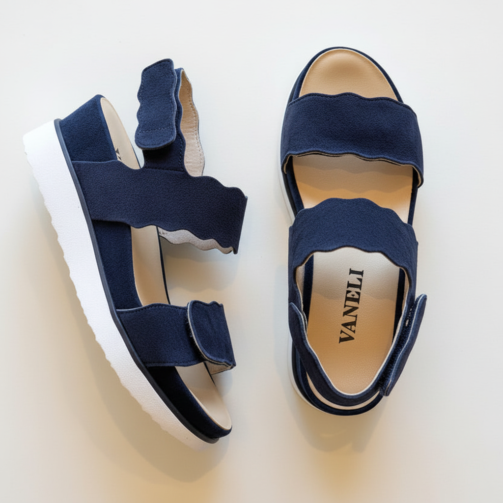 Pair of navy sandals with white soles on a light background