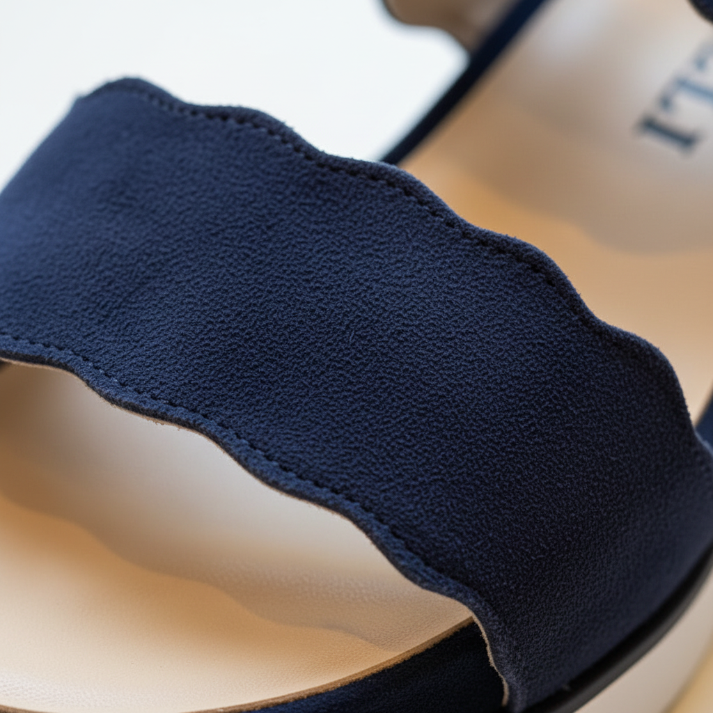 Close-up of a navy blue shoe lining with a blurred background