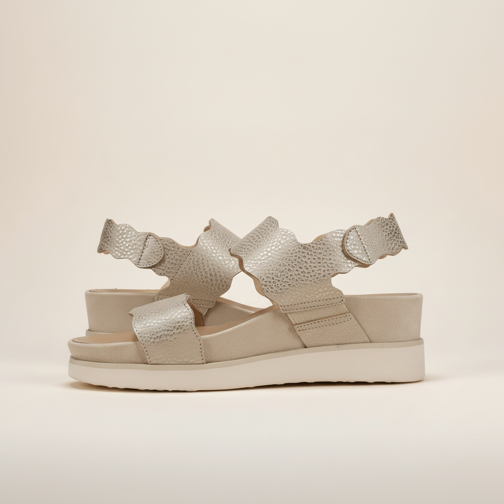 Beige sandal with multiple straps on a beige background