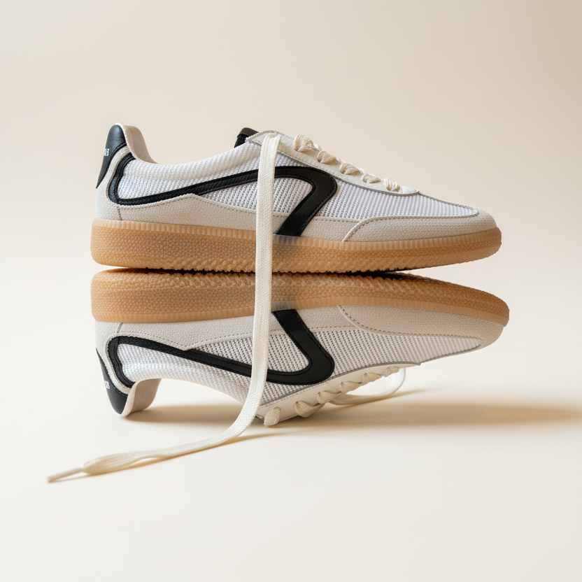 Pair of white sneakers with black accents and tan soles on a light beige background