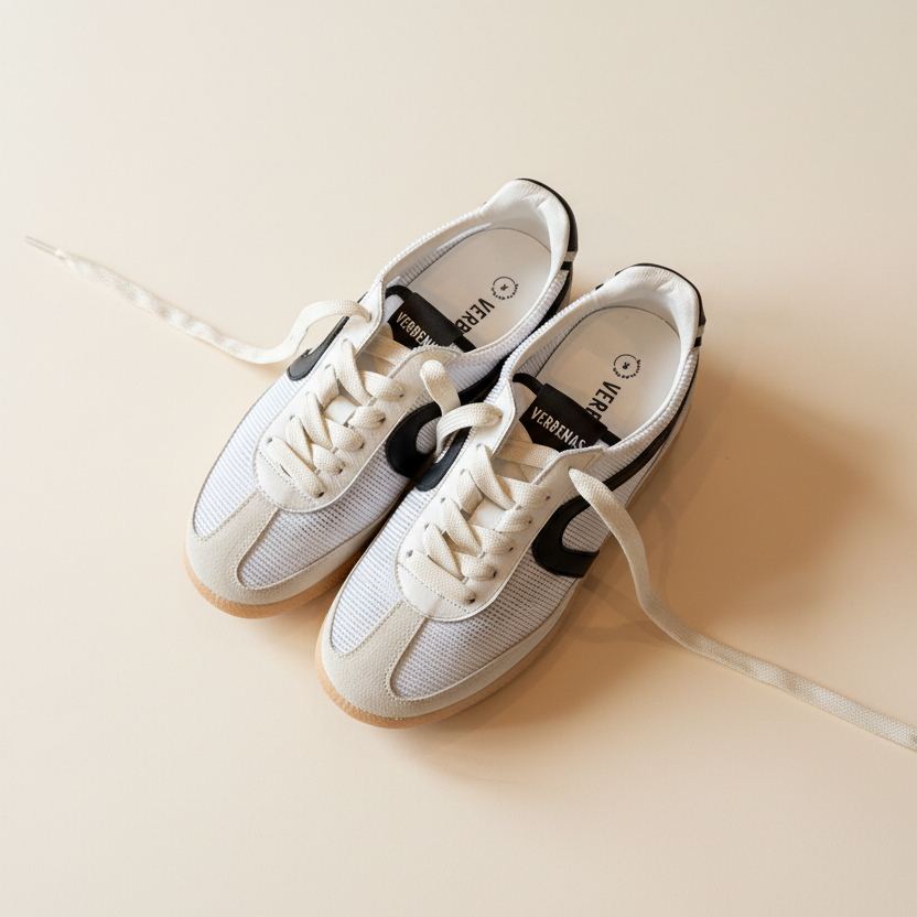 White sneakers with black accents on a beige background