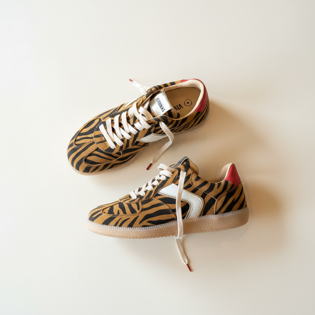 Pair of tiger striped sneakers on a light background