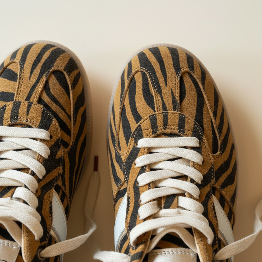 Pair of sneakers with zebra pattern on a light background