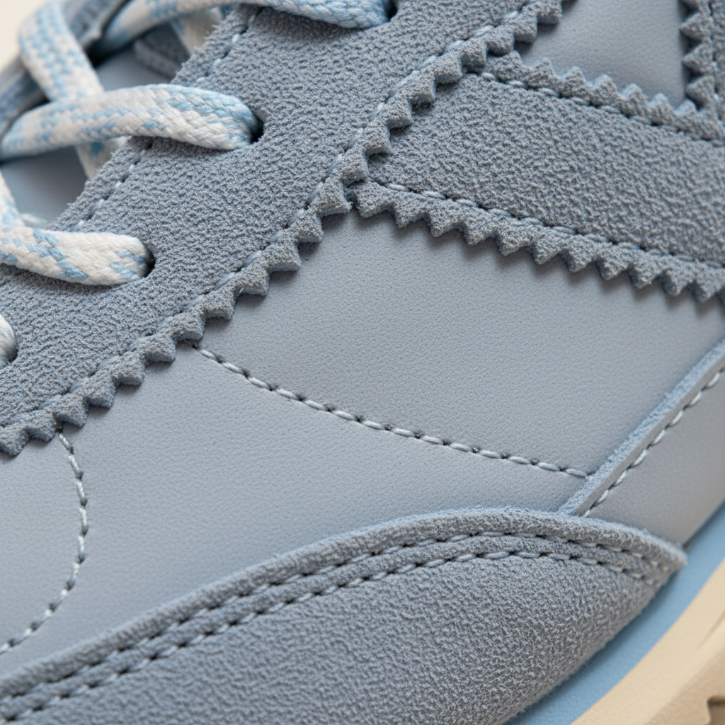 Close-up of a gray sneaker with visible stitching details
