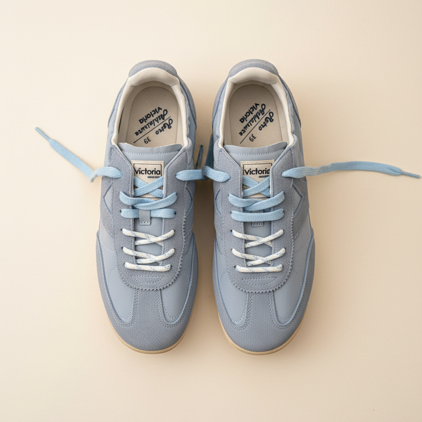 Pair of blue sneakers with light blue laces on a beige background