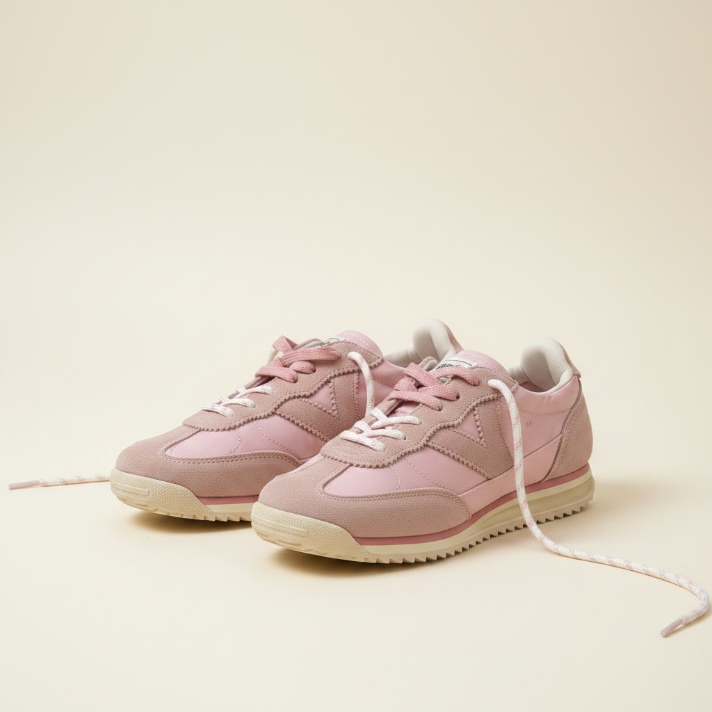 Pair of pink sneakers on a beige background