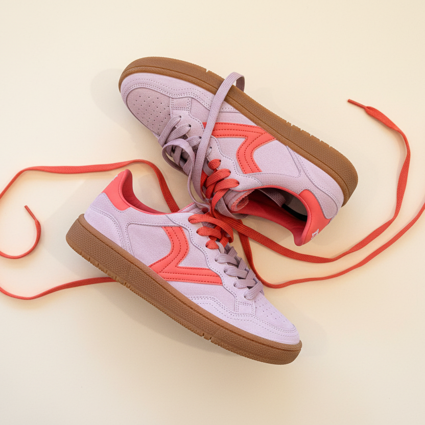 Pair of light purple sneakers with red accents on a beige background
