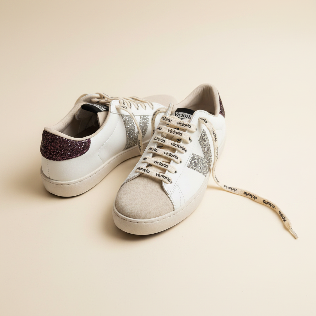 A pair of white leather low-top sneakers with silver glitter star accents on the sides, a dark purple glitter heel tab, and beige printed shoelaces, displayed on a warm beige background.