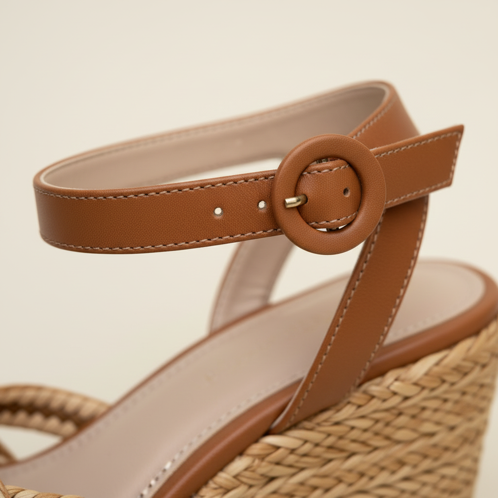 Close-up of a brown leather sandal strap with a woven sandal background