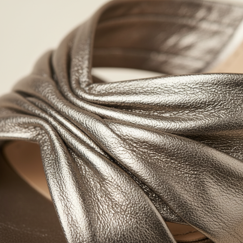 Close-up of a braided leather strap with a beige background