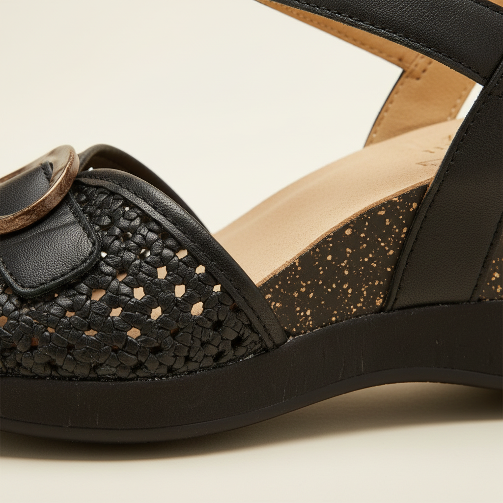 Black wedge sandal with textured sole on a beige background