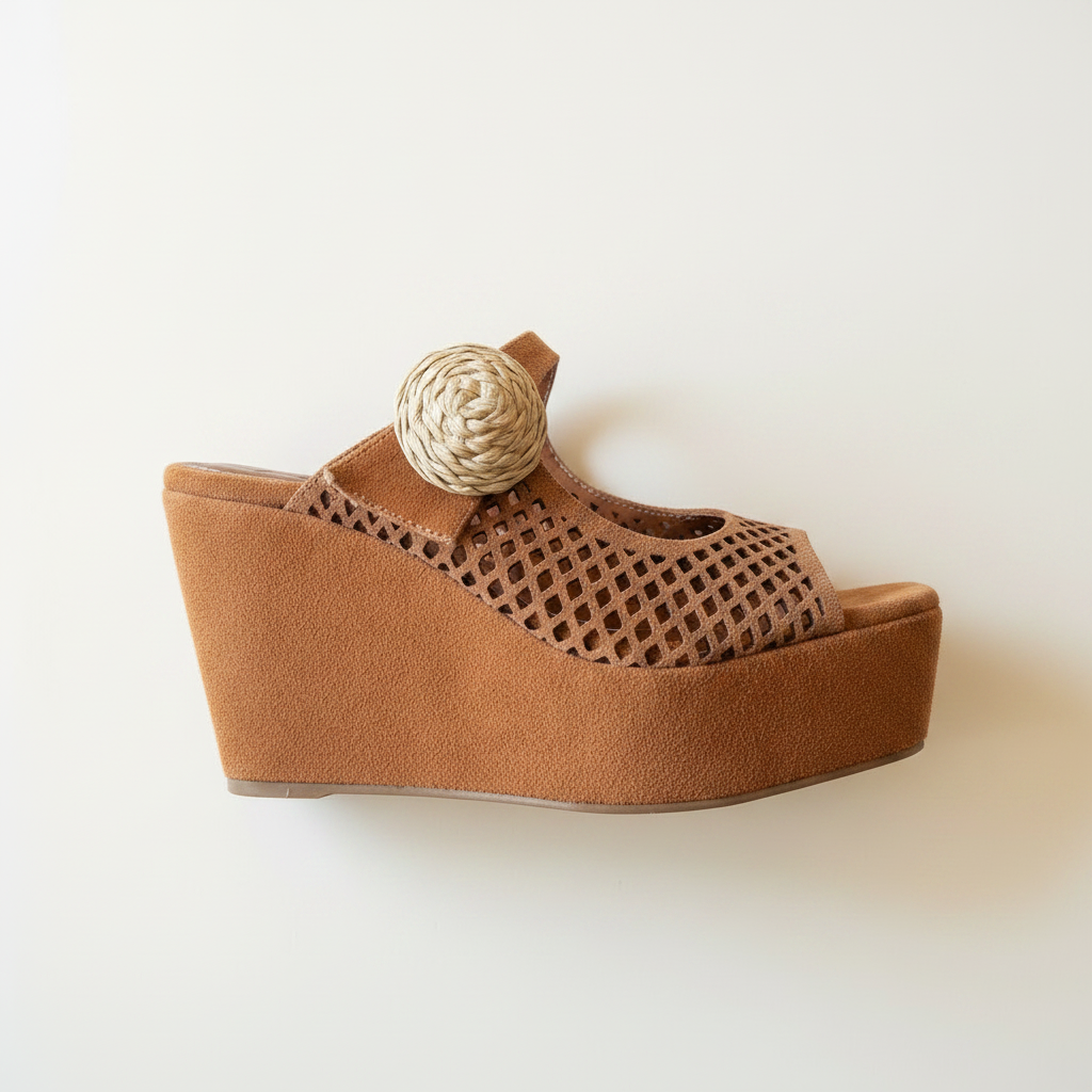 Brown wedge sandal with a decorative ball on a white background