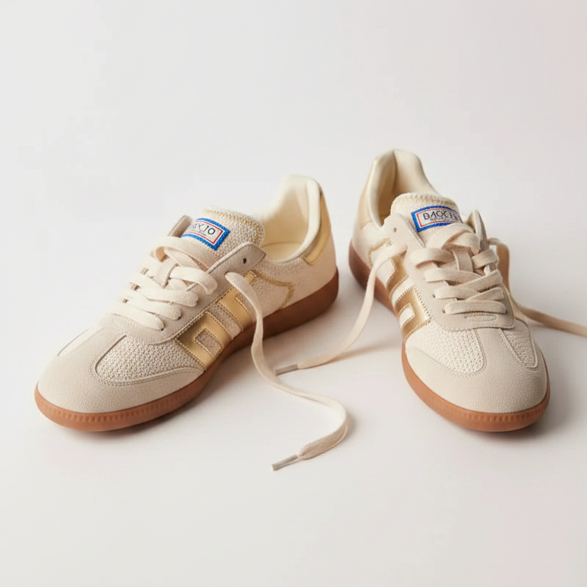 Pair of beige sneakers with brown soles on a light background