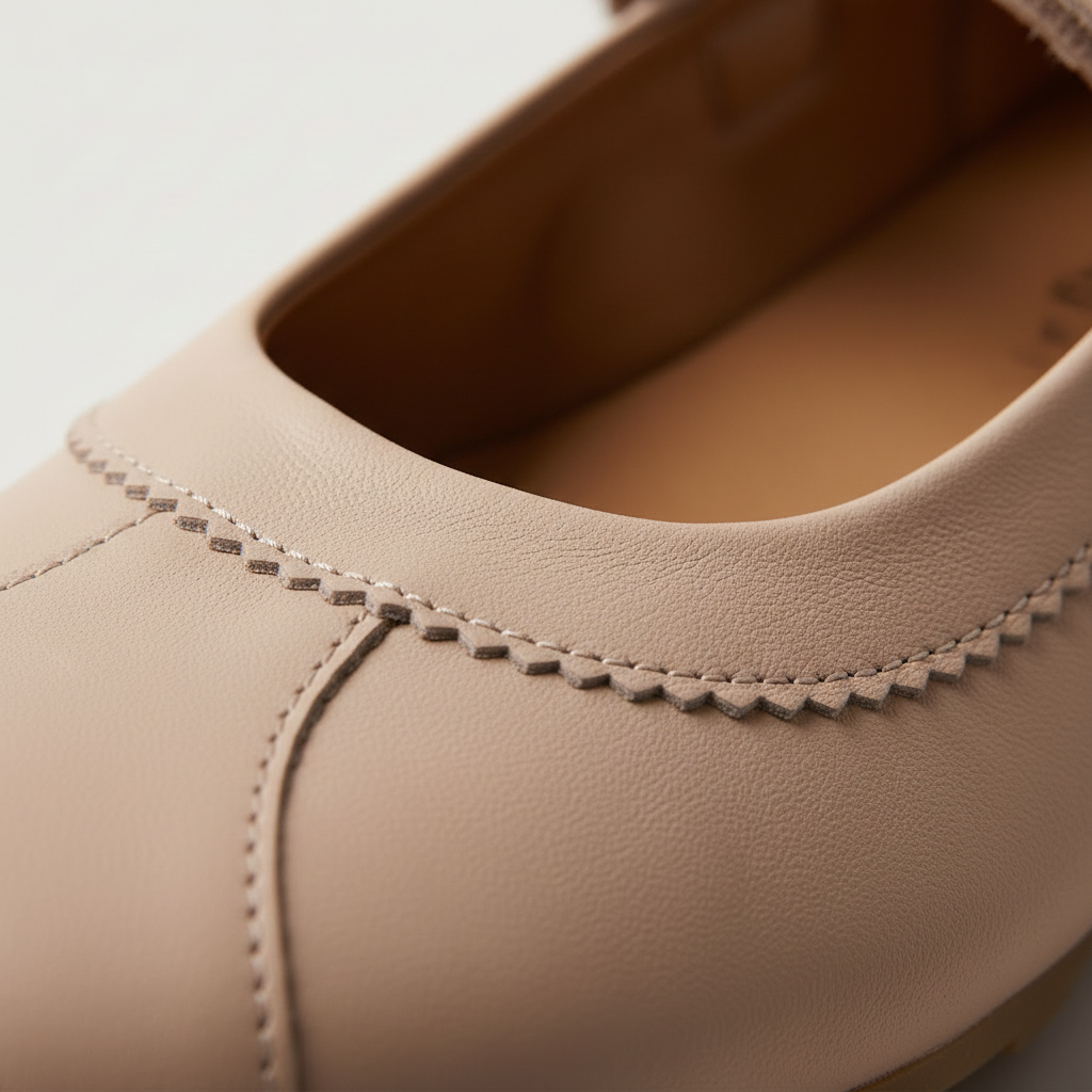 Close-up of a light beige leather shoe with decorative zigzag stitching around the opening, showing the textured leather and tan interior.
