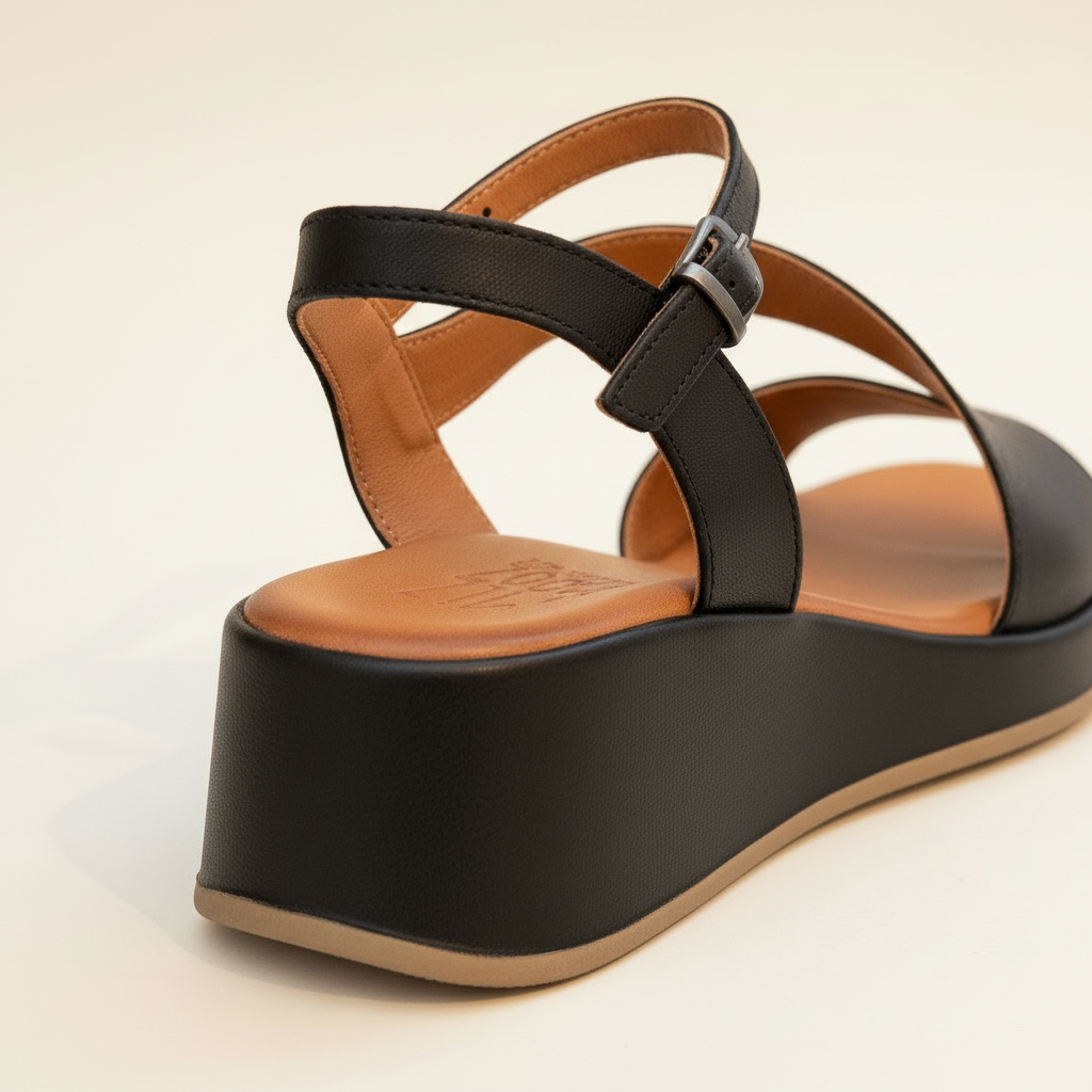 Black sandal with a platform sole on a light beige background