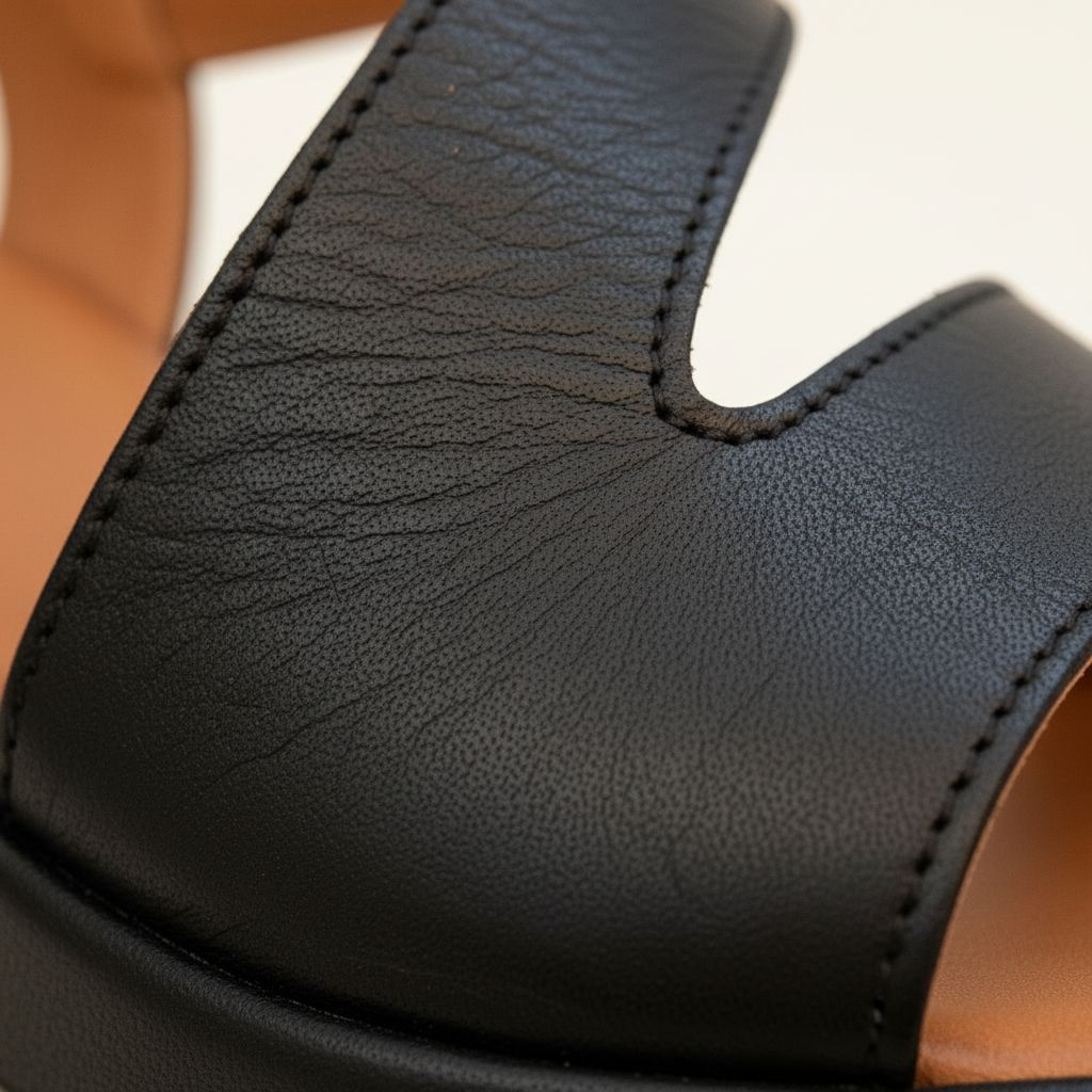 Close-up of black leather sandal with brown insole