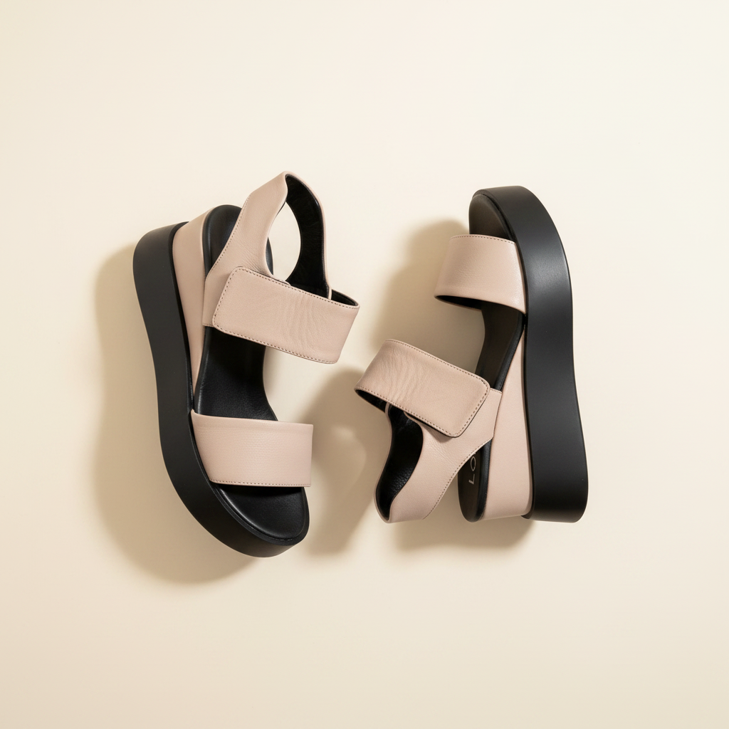 Pair of beige sandals with black straps on a beige background