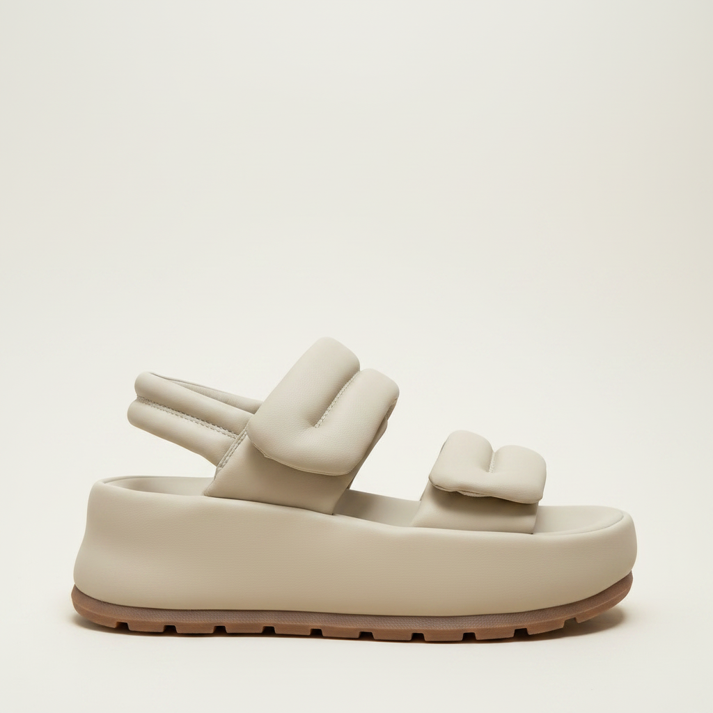 Beige sandal with a brown sole on a light beige background