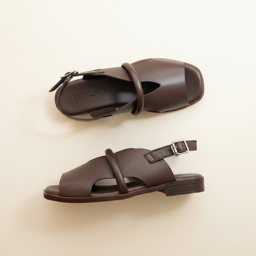 Pair of brown sandals with 'Lorenza' branding on a beige background