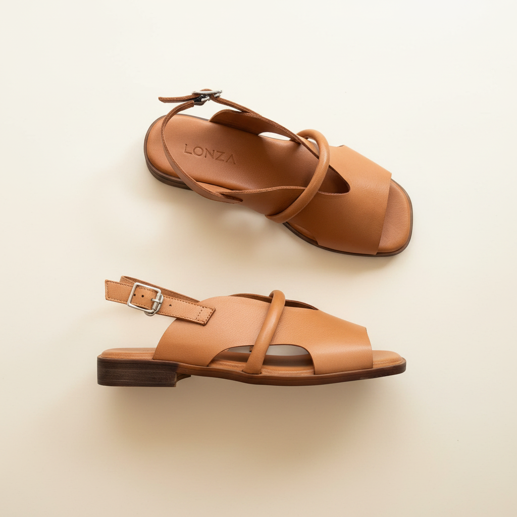 Pair of brown sandals with 'Lonza' branding on a light beige background