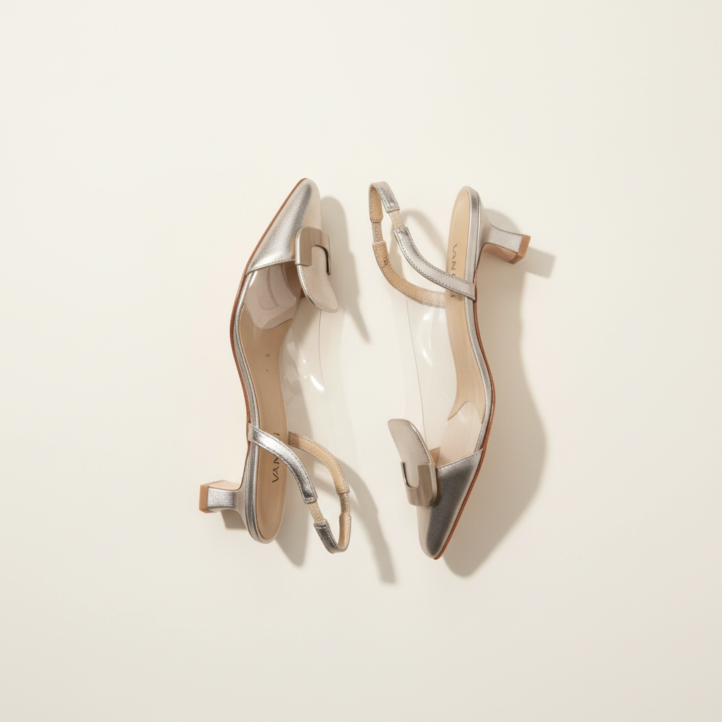 Pair of high-heeled shoes on a light beige background