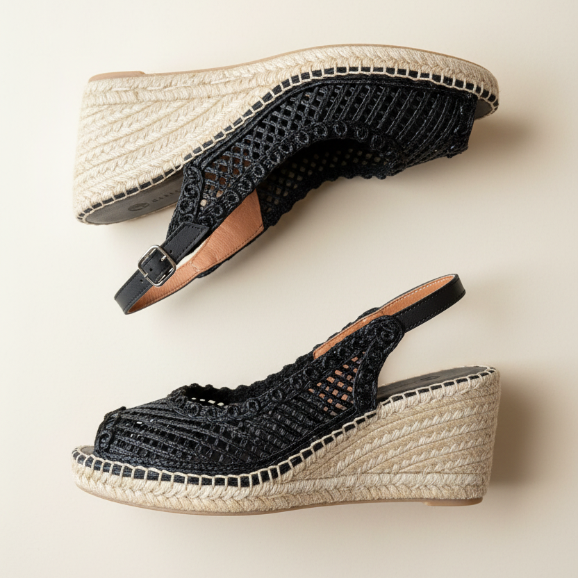 Black wedge sandals with woven straps on a light background