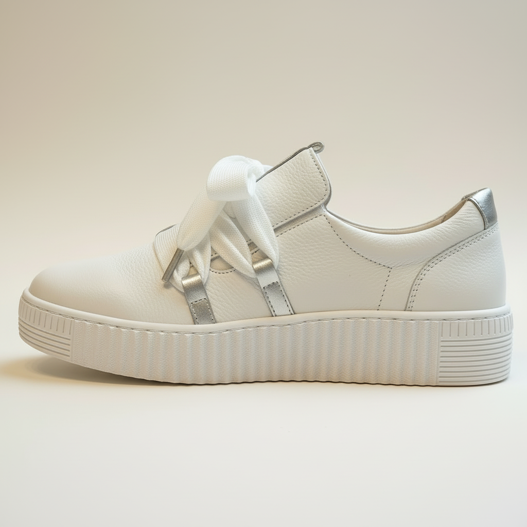 White sneaker with a strap on a light beige background