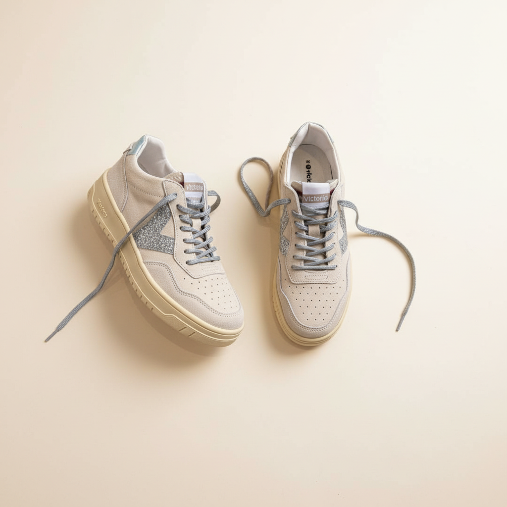 Pair of light gray sneakers on a beige background