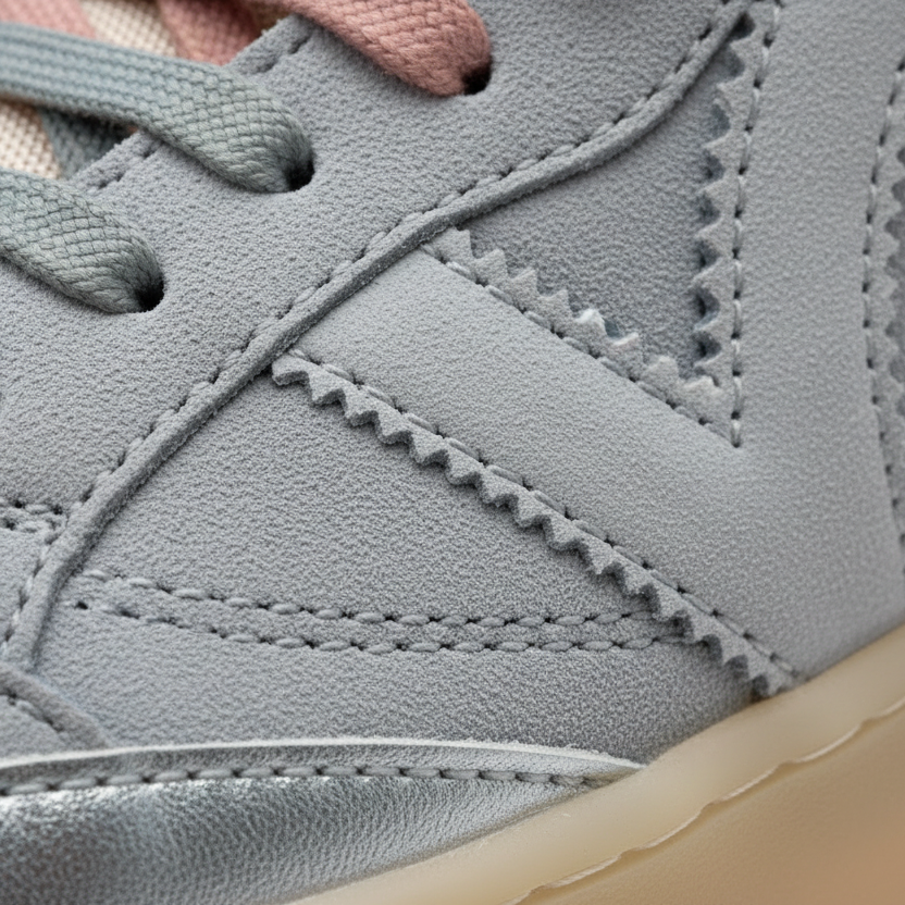 Close-up of a gray sneaker with beige sole